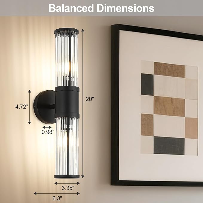 19.69" Modern Bathroom Wall Sconce Light Fixture, Black Glass Rod Vanity Light with E12 Base, Up or Down Mounting for Mirror Makeup Lighting (Bulbs Not Included)