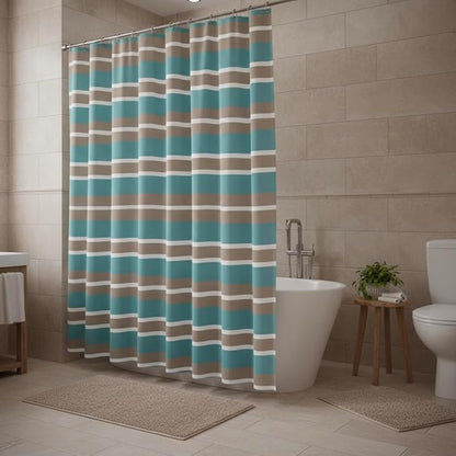 Serafina Home Striped Fabric Shower Curtain, Aqua Brown White Coastal Design, 70 x 72 Inches, with Hooks