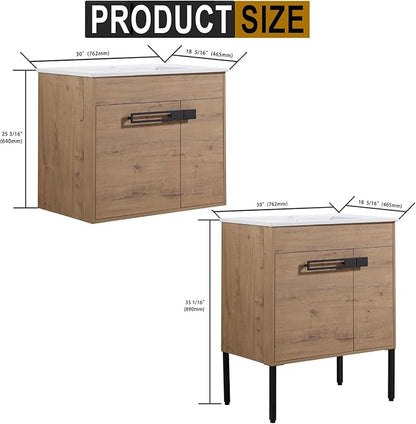 SSLine 2-in-1 Wall Mounted & Free Standing Bathroom Vanity with Sink Modern 30" Bathroom Vanity with Top Basin&Storage Cabinet Brown Oak Wood Bath Vanity w/Ceramic Sink for Small Space-Legs Removable