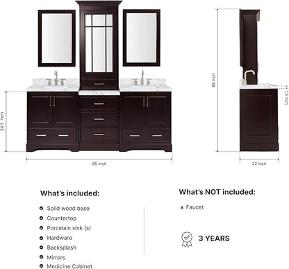 ARIEL Stafford 84-inch Bathroom Vanity with Sink,Solid Wood, 1.5-inch Italian Carrara Marble Countertop, Double Rectangular Porcelain Sink, 5 Soft Closing Doors, 6 Dovetail Drawers, Espresso