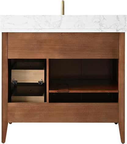 Vanity Art 36 inch Bathroom Vanity with Single Sink & Ceramic Top, Vanity Cabinet with Soft-Closing Door, Solid Wood Frame, Linear Pattern, Walnut, Golden Brushed Handware VA9136-Walnut-GB