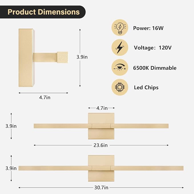 Gold Bathroom Vanity Light, 24 Inch LED Light Bar Over Mirror | Modern Bathroom Light Fixture Over Mirror for Vanity, 360° Rotatable Dimmable LED Wall Mounted Lighting, ETL Certified