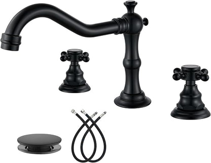 gotonovo 3 Hole Widespread Bathroom Sink Faucet Double Cross Handle Mixer Tap Faucet for Bathroom Sink Vanity Faucet Deck Mount Basin Hot Cold Water Matching Pop Up Drain Matte Black