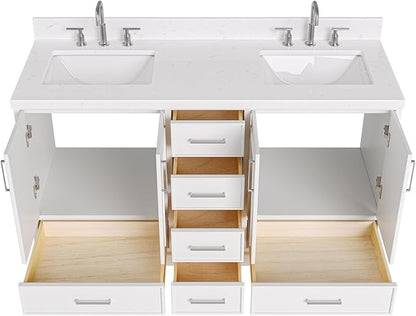 ARIEL Stafford 60-inch Bathroom Vanity with Sink,Solid Wood, 1.5-inch Carrara White Quartz Countertop, Double Rectangular Porcelain Sink, 4 Soft Closing Doors, 6 Dovetail Drawers, Midnight Blue