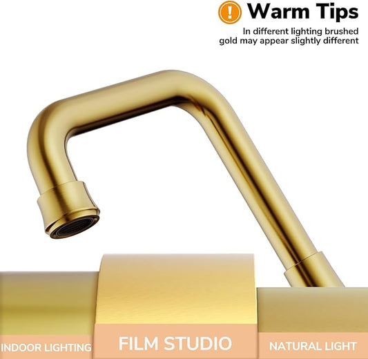 Bathroom Sink Faucet, Hurran 4 inch Brushed Gold Bathroom Faucets for Sink 3 Hole with Pop-up Drain and Supply Hoses, 360 Swivel Spout 2-Handle Centerset Faucet for Vanity RV Farmhouse