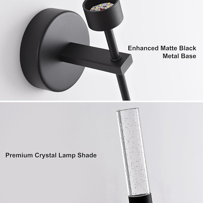 Crystal Battery Operated Wall Sconce, Modern Wireless LED Wall Sconces Set of 2 with Remote 3CCT Dimmable Timer, USB Rechargeable Cordless Wall Lights for Living Room Bedroom Bathroom Hallway, Black