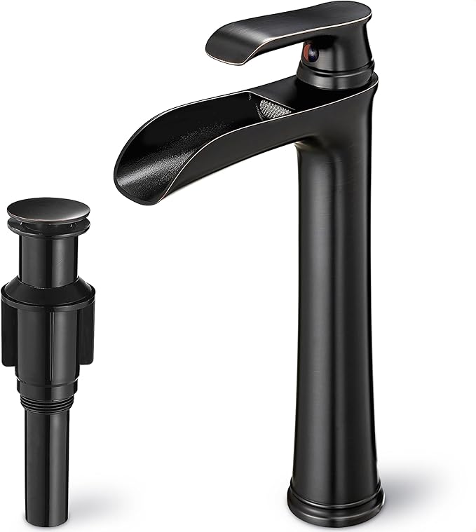 Vintage Oil Rubbed Bronze Waterfall Faucet for Bathroom Sink - Single Handle, 11 Inches Tall, 3-Layer Metal Filter, Anti-rust Brass Body, Easy Installation