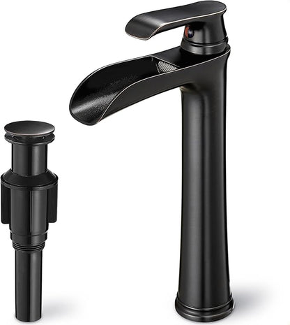 Vintage Oil Rubbed Bronze Waterfall Faucet for Bathroom Sink - Single Handle, 11 Inches Tall, 3-Layer Metal Filter, Anti-rust Brass Body, Easy Installation