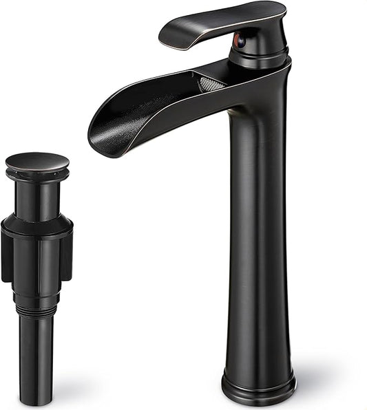 Vintage Oil Rubbed Bronze Waterfall Faucet for Bathroom Sink - Single Handle, 11 Inches Tall, 3-Layer Metal Filter, Anti-rust Brass Body, Easy Installation