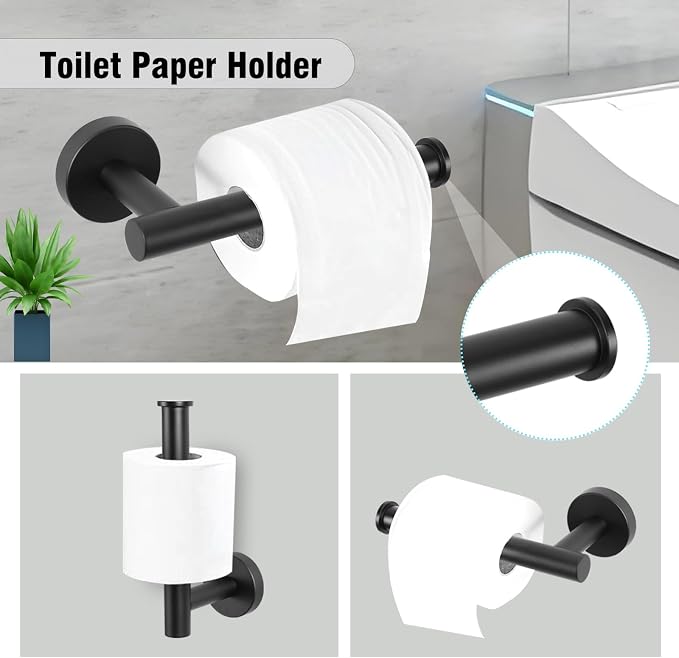 5 Piece Modern Style Wall Mounted Bathroom Hardware Set | #304 Stainless Steel, 24" Towel Bar Mount, Towel Rings, L Shape Toilet Paper Holder, Bathrobe Hook (Matt Black)
