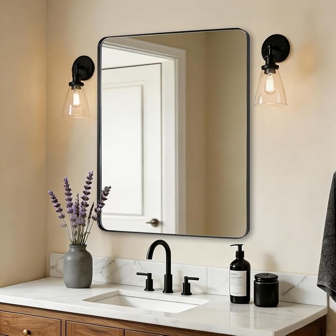 Wall Mirror for Bathroom, 30x36 Matte Black Bathroom Mirror, Modern Stainless Steel Metal Frame Rounded Corner Rectangle Mirror for Vanity