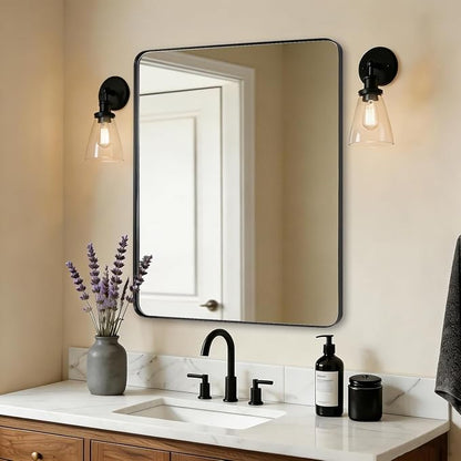 Wall Mirror for Bathroom, 30x36 Matte Black Bathroom Mirror, Modern Stainless Steel Metal Frame Rounded Corner Rectangle Mirror for Vanity