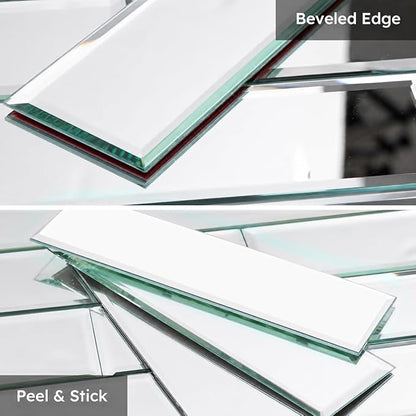 Peel and Stick Mirror Backsplash Tiles, Silver, 4x12 Inch, Beveled Mirror Subway Tiles for Kitchen Backsplash Bathroom Wall, Pack of 15 Pcs