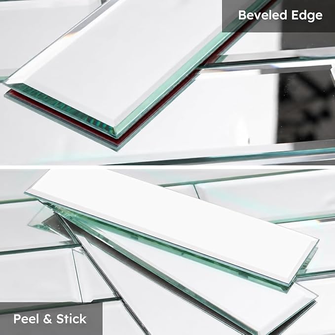 Peel and Stick Mirror Backsplash Tiles, Silver, 3x10 Inch, Beveled Mirror Subway Tiles for Kitchen Backsplash Bathroom Wall, Pack of 24 Pcs