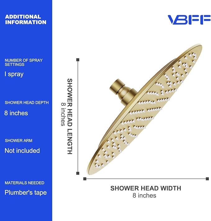 VBFF-Shower Head,rain shower head, 8 inch- Round Shower Head, 1.8 GPM Flow Rate, rainfall showerhead,VBFF11 (Brushed Gold)