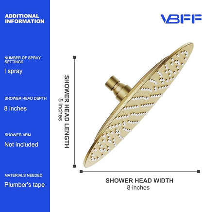 VBFF-Shower Head,rain shower head, 8 inch- Round Shower Head, 1.8 GPM Flow Rate, rainfall showerhead,VBFF11 (Brushed Gold)