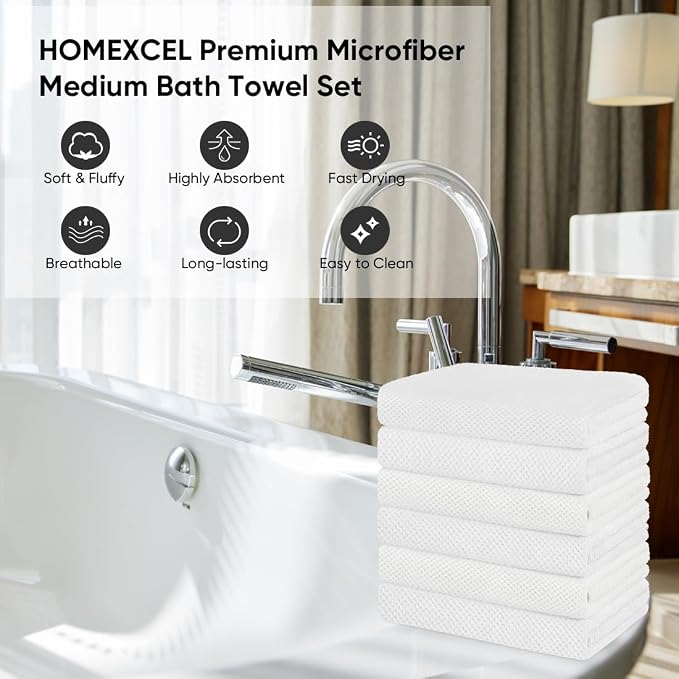 HOMEXCEL 6PK Bath Towel Set, 24x48 in, Absorbent&Quick Dry Towels for Hotel | Ultra Soft, Lightweight Towels for Bathroom, Spa and Beauty Parlor, White