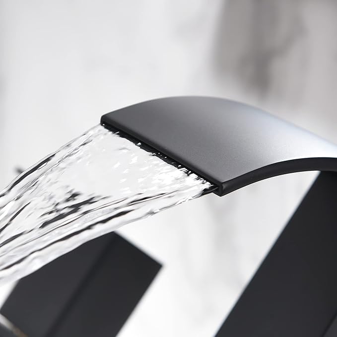 Black Waterfall Bathroom Faucet 3 Holes - 8Inch Widespread Bathroom Sink Faucet | Two Handles Modern Vanity Sink Faucets with Overflow Pop-up Drain & Supply Lines Matte Black Upgraded