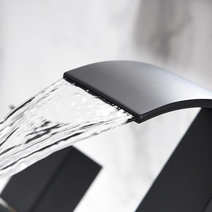 Black Waterfall Bathroom Faucet 3 Holes - 8Inch Widespread Bathroom Sink Faucet | Two Handles Modern Vanity Sink Faucets with Overflow Pop-up Drain & Supply Lines Matte Black Upgraded