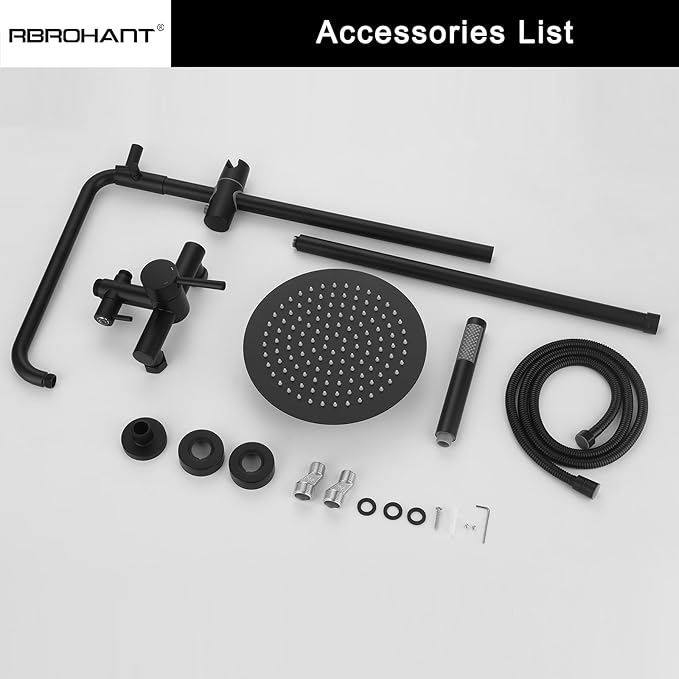 RBROHANT Outdoor Shower, Wall Mount Outdoor Shower Kit, Outside Shower Faucet with Height Adjustable Rain Shower Head and Handheld, Exposed Shower System for Yard, Wall Mounted, Matte Black, JK0145