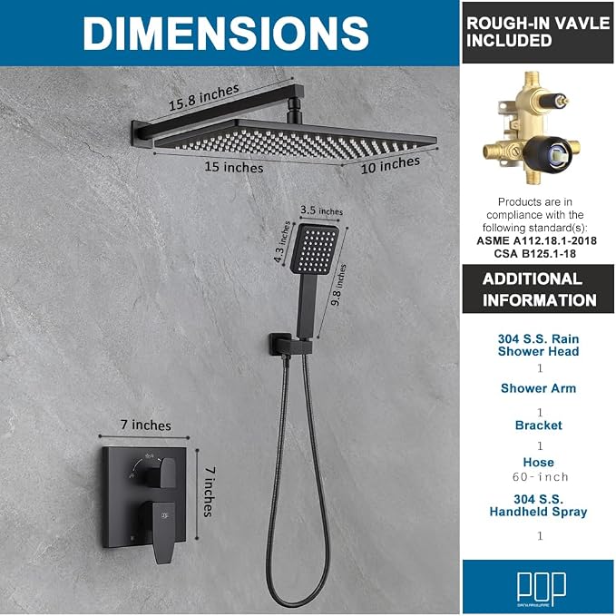 Matte Black Shower Faucet Set Rainfall 15 Inch Thickened Shower Head and Handle Set Bathroom Shower System Wall Mounted Shower Fixture Include Shower Valve and Trim Kit