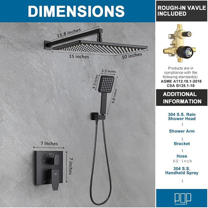 Matte Black Shower Faucet Set Rainfall 15 Inch Thickened Shower Head and Handle Set Bathroom Shower System Wall Mounted Shower Fixture Include Shower Valve and Trim Kit
