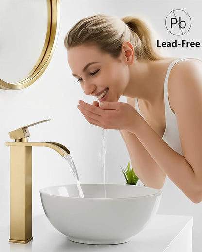 Vessel Sink Faucet Waterfall Tall Bathroom Faucet Single Handle,Single Hole Lavatory Vanity Mixer Tap with Pop Up Drain and Supply Lines,Brushed Gold
