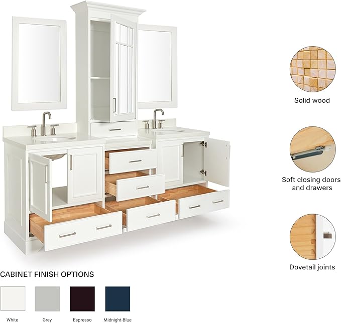 ARIEL Stafford 84-inch Bathroom Vanity with Sink,Solid Wood, 1.5-inch Pure White Quartz Countertop & Backsplash, Double Oval Porcelain Sink, 5 Soft Closing Doors, 6 Dovetail Drawers, White