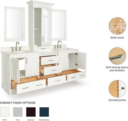 ARIEL Stafford 84-inch Bathroom Vanity with Sink,Solid Wood, 1.5-inch Pure White Quartz Countertop & Backsplash, Double Oval Porcelain Sink, 5 Soft Closing Doors, 6 Dovetail Drawers, White