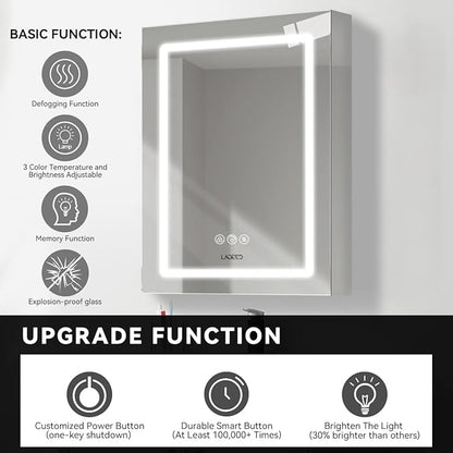 26 x 20 Inch Led Medicine Cabinet Outlet, Lighted Medicine Cabinets for Bathroom with Mirror, Recessed or Surface Wall Mounted, Defogger, Dimmer, Glass Door Cabinet with Single Door