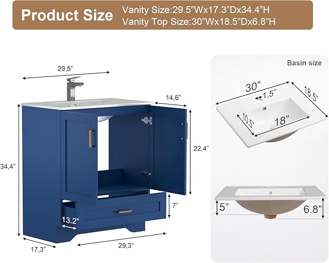30 inch Bathroom Vanity with Sink, Modern Blue Vanity for Bathroom with Undermount Ceramic Sink, Freestanding 2-Door & 1-Drawer Storage Cabinet, for Small Bathroom Space, (Blue, 30")