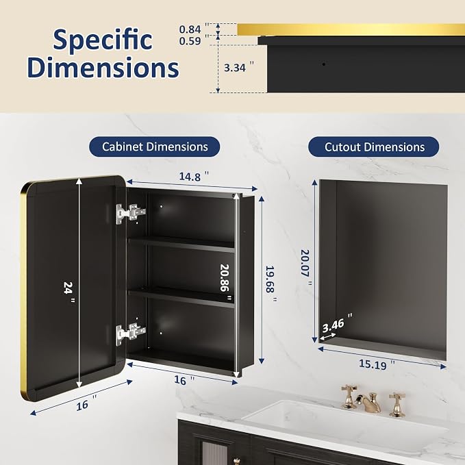 Medicine Cabinet Mirror 16x24 Inch, Gold Bathroom Mirror Cabinet with Stepless Adjustable Shelves, Stainless Steel Frame, Bathroom Mirror with Storage Recessed or Wall Mount