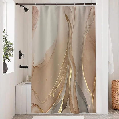 Brown Shower Curtain, Modern Brown Gold Grey Marble Shower Curtain for Bathroom Aesthetic Ink Texture Waterproof Shower Curtain Set with Hooks, 54x72 Inch