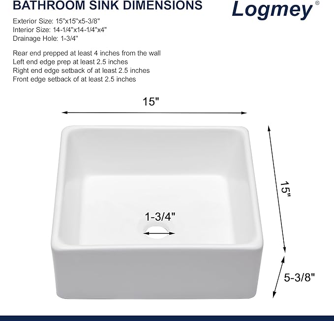 Logmey 15 Inch Bathroom Vessel Sink 15x15 Square Small White Vessel Sink for Bathroom Sink Above Counter Porcelain Ceramic Vanity Art Countertop Sink