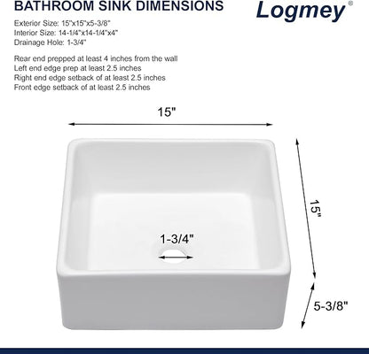 Logmey 15 Inch Bathroom Vessel Sink 15x15 Square Small White Vessel Sink for Bathroom Sink Above Counter Porcelain Ceramic Vanity Art Countertop Sink