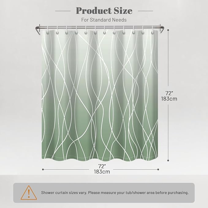 Striped Shower Curtain for Bathroom, Ombre Green, 72" W x 72" L | with Hooks, Modern Hotel Style, Water Repellent, Washable, Weighted Hem
