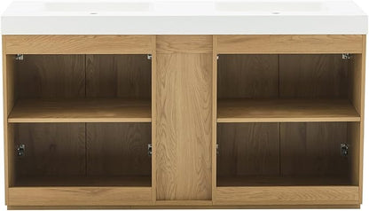 60" Bathroom Vanity with Double Sink, Freestanding Double Sink Bathroom Vanity with White Engineered Stone Top, Open Storage Cabinet & Adjustable Shelf, 4 Soft-Closing Doors, Light Oak
