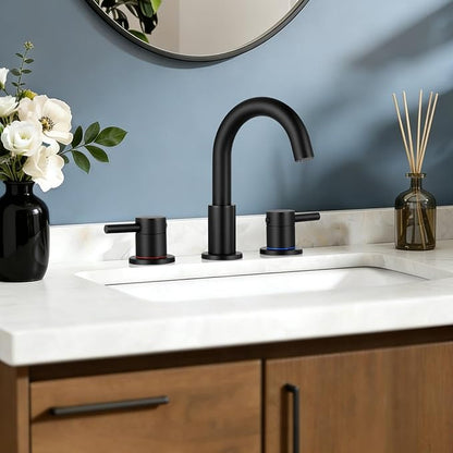 FGKQ Black Bathroom Faucet for Sink 3 Hole, Bathroom Sink Faucet with Pop Up Drain, 8 Inch Widespread Vanity Faucet 3 Hole, 360° Swivel Two Handle with Supply Lines