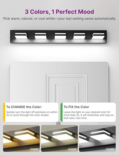 Modern Bathroom Vanity Light, 36" 5-Light Bathroom Lighting Fixtures Over Mirror, LED Vanity Light 3000K 4000K 5000K CCT Adjustable, Matte Black