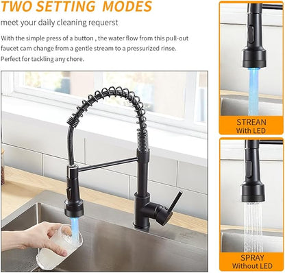 OWOFAN Kitchen Faucet with Sprayer Single Handle Pull Down Sprayer Spring Matte Black Kitchen Sink Faucet with LED Light 9005R