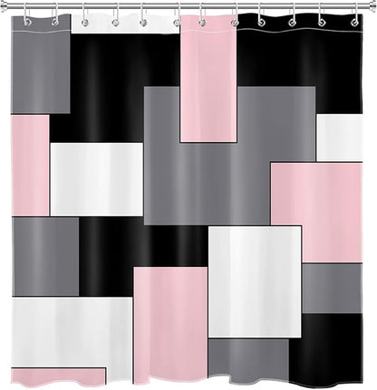 HVEST Modern Pink Shower Curtain with Hooks, Grey Black and White Abstract Geometric Shower Curtain for Bathroom, Mid Century Minimalist Shower Curtain Set Bathroom Decor Curtains, 72x78 inch