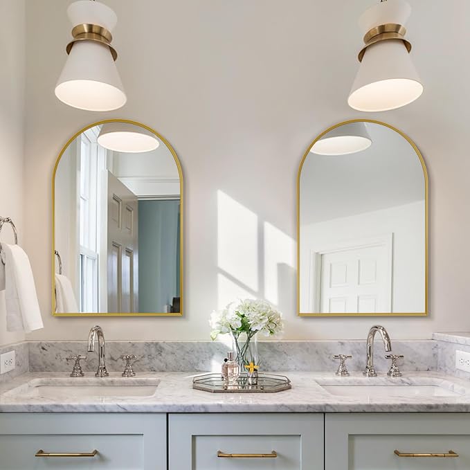 Gold Arched Mirror 30x40in, Metal Framed Bathroom Vanity Wall | Tempered Glass, Shatter Proof, Living Room Bedroom Entryway, Modern Elegant Design