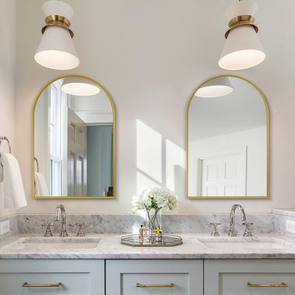 Gold Arched Mirror 30x40in, Metal Framed Bathroom Vanity Wall | Tempered Glass, Shatter Proof, Living Room Bedroom Entryway, Modern Elegant Design