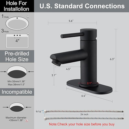 Bathroom Faucets with Pop Up Drain, Stainless Steel Single Handle Bathroom Sink Faucets with Water Faucet Supply Lines for Farmhouse RV Vanity(Matte Black)