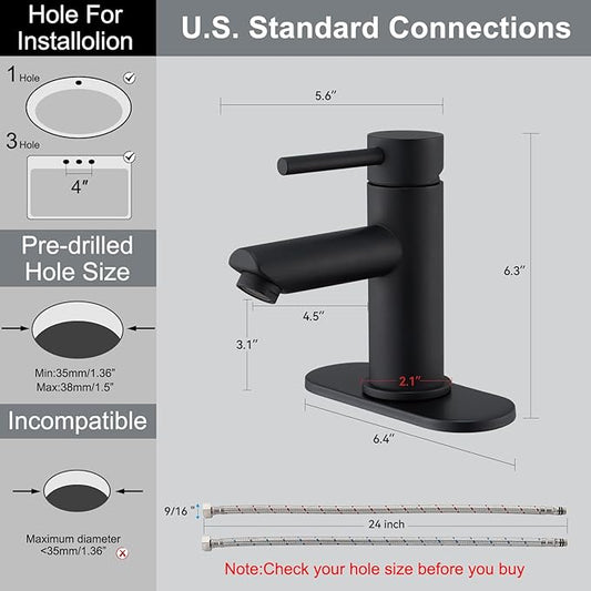 Bathroom Faucets with Pop Up Drain, Stainless Steel Single Handle Bathroom Sink Faucets with Water Faucet Supply Lines for Farmhouse RV Vanity(Matte Black)