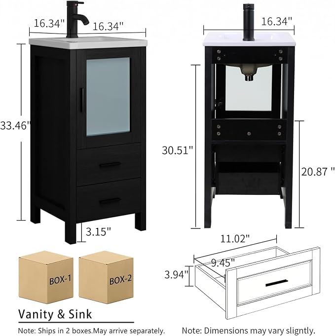 wonline 16 Inch Bathroom Vanity Set with Sink, Small Space Cabinet, Black | Faucet, pop-up drain & hardware included; water-resistant MDF; cultured marble top with ceramic basin; 2 drawers + door