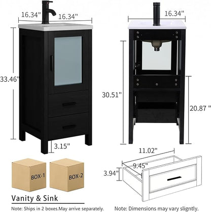 wonline 16 Inch Bathroom Vanity Set with Sink, Small Space Cabinet, Black | Faucet, pop-up drain & hardware included; water-resistant MDF; cultured marble top with ceramic basin; 2 drawers + door