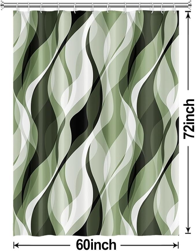 Sage Green Shower Curtain, Abstract Ombre Green and Grey Striped Shower Curtain Set for Bathroom Waterproof Polyester Shower Curtain with Hooks, 60x72 Inch