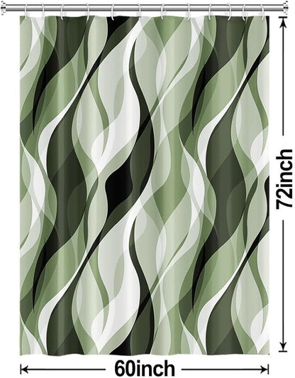 Sage Green Shower Curtain, Abstract Ombre Green and Grey Striped Shower Curtain Set for Bathroom Waterproof Polyester Shower Curtain with Hooks, 60x72 Inch