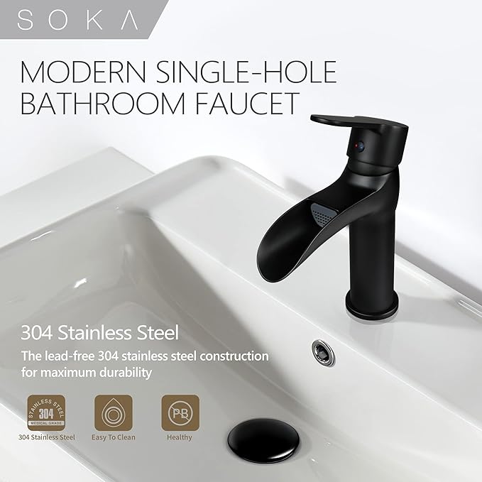 Matte Black Bathroom Faucet Waterfall Bathroom Sink Faucets Single Handle Single Hole Lavatory Washbasin Faucet with Pop Up Drain, Modern Vanity Sink Faucet